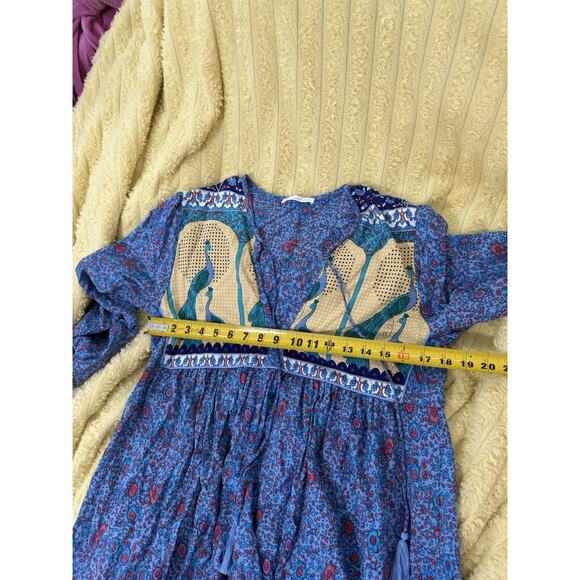 R. Vivimos Long Sleeve Bohemian Peacock Printed V-Neck Midi Dress Tassel Tie L - Picture 9 of 11